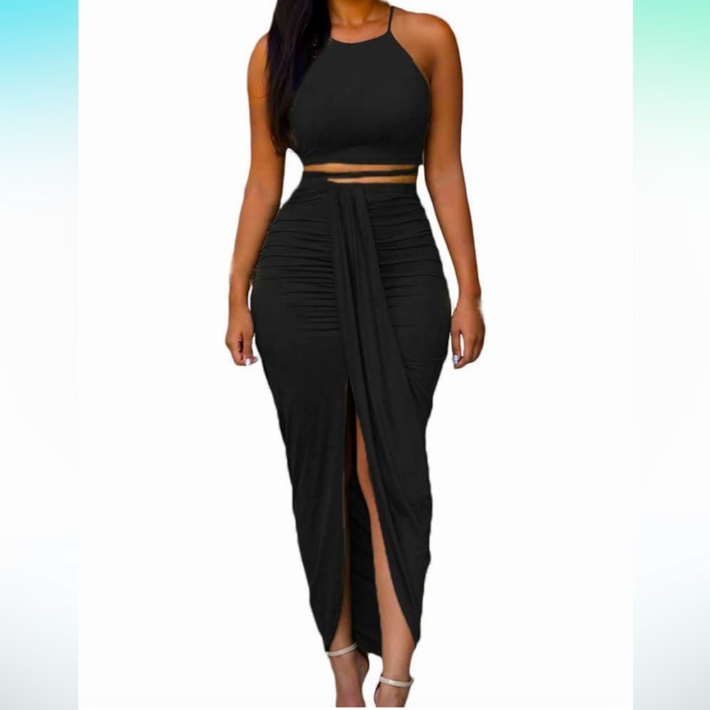 Slit Bodycon Sets Sleeveless Tank Tops 2 Piece Ruched High Waist Skirt Black M